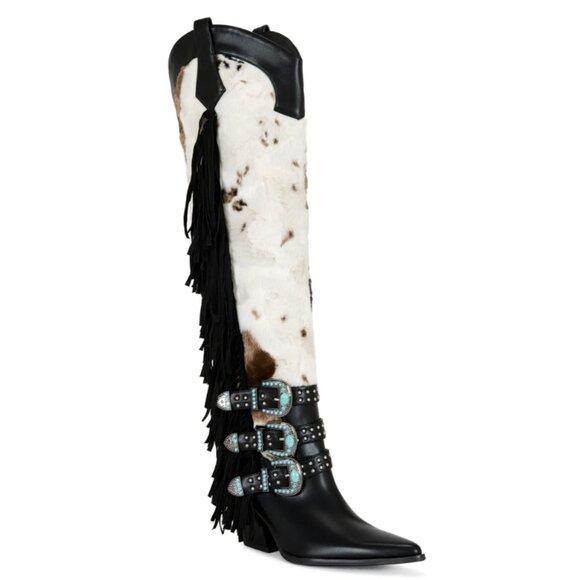 AZALEA WANG Gwayne Cow Print Knee High Fringed Western Boot Buckles 7-11 NWT - Picture 3 of 15